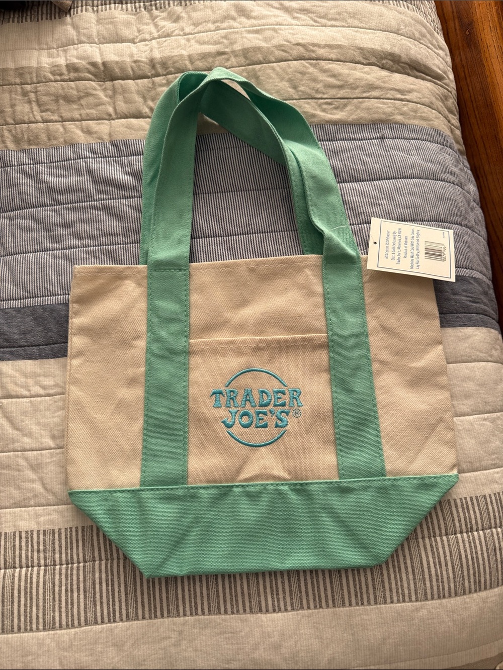 Trader Joe's Beige Canvas Tote with Mint Green Accents